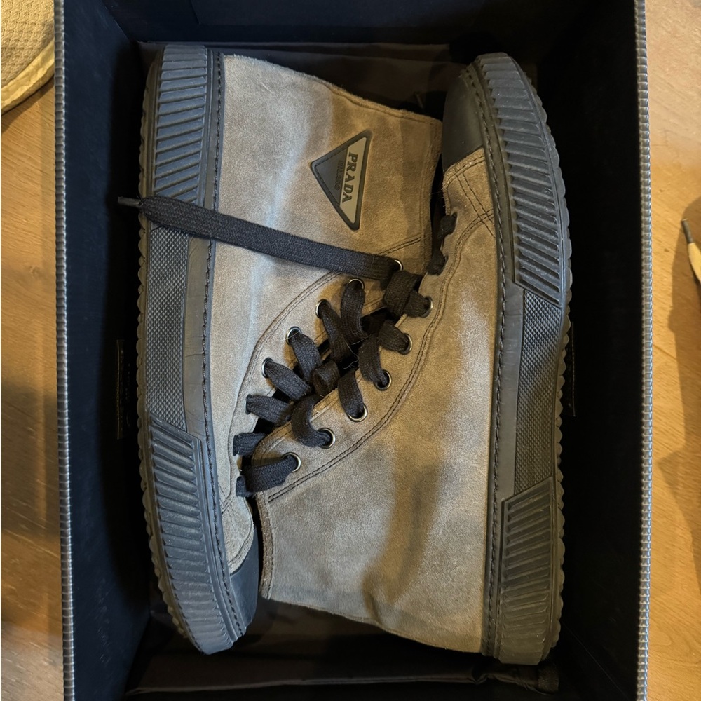 Prada Men’s Suede High-Top Sneakers in Olive and Black